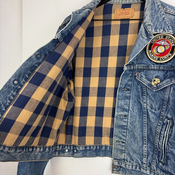 Vintage Levis 70411 Mens Lined Denim Trucker Jacker US Marine Corps Patch - 46 - Picture 6 of 14